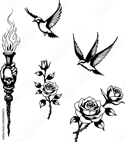 Vintage Sailor Tattoo rose, skull, bottle, hand, pointing, love, heart, star, ribbon, scroll, bird, swallow, tattoo,  vector tettoo bundle design