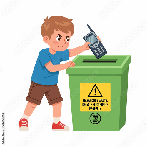 A boy properly disposes of an old mobile phone into a hazardous waste bin