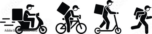 Set of four black and white icons depicting delivery people on scooter bicycle and running courier service