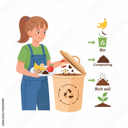 Girl Composting Food Waste into Rich Soil for Healthy Plants