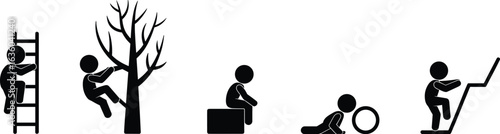 Stick figures climbing ladder climbing tree sitting on block crawling with hoop and climbing graph vector