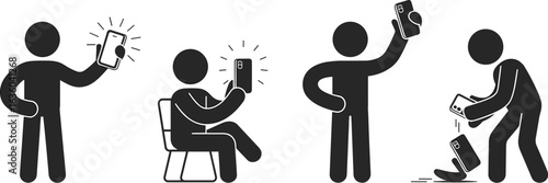 Stick figures using smartphones taking selfies and dropping phone person mobile
