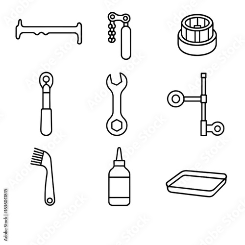 Drivetrain Tools Icons. Line style icons of Drivetrain Service Tools: chain checker gauge, chain whip, cassette lockring tool,