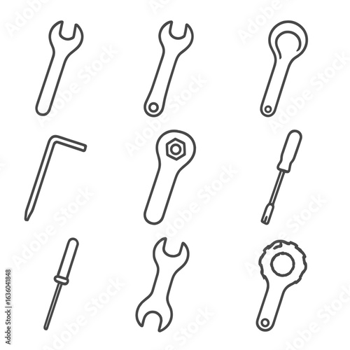 Bike Tool Icons. Line style icons of Bike-Specific Wrenches: cone wrench 13 mm, pedal wrench 15 mm, headset spanner, crank puller