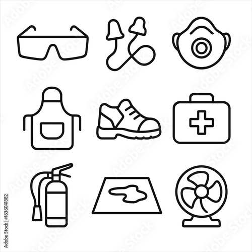 Bike Workshop Safety Icons. Line style icons of Safety Gear for Bike Workshop: safety glasses, ear plugs, dust mask, mechanic