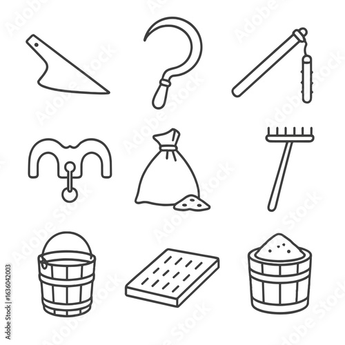 Viking Farming Icons. Line style icons of Viking Farming Equipment: iron plowshare, hand sickle, grain flail, wooden yoke, seed