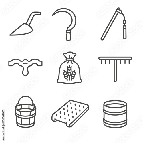 Viking Farming Icons. Line style icons of Viking Farming Equipment: iron plowshare, hand sickle, grain flail, wooden yoke, seed