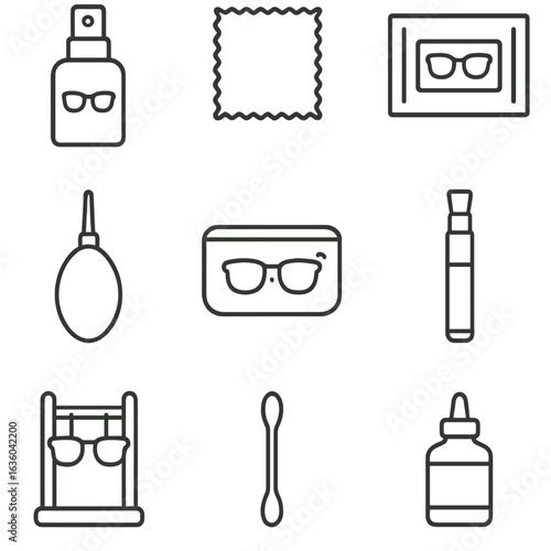 Eyewear Cleaning Icons. Line style icons of Eyewear Cleaning Supplies: lens cleaner spray, microfiber cloth, cleaning-wipe packet,