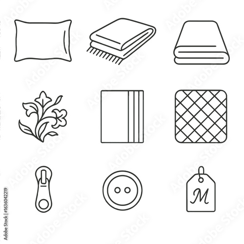 Luxury Bedding Icons. Line vector icons of Luxury Bedding Details: silk pillowcase, cashmere throw, high-thread-count sheet,