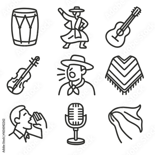 Argentine Folk Icons. Line style icons of Argentine Folk Music: bombo legüero drum, chacarera dancer, criolla guitar, violin