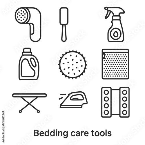 Bedding Care Essentials. Line vector icons of Bedding Care Tools: fabric shaver, lint roller, stain remover spray, laundry