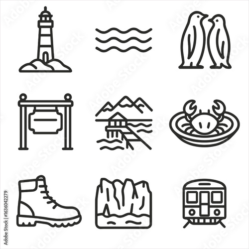 Icons of Ushuaia. Line style icons of Ushuaia End-of-World: lighthouse Les Éclaireurs, Beagle Channel waves, penguin pair, fin del