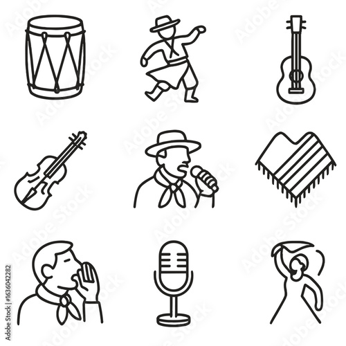 Argentine Folk Icons. Line style icons of Argentine Folk Music: bombo legüero drum, chacarera dancer, criolla guitar, violin