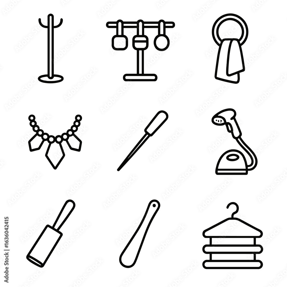 Fototapeta premium Fashion Styling Icons. Line style icons of Fashion Styling Props: hat stand, belt rack, scarf clip, statement necklace, styling