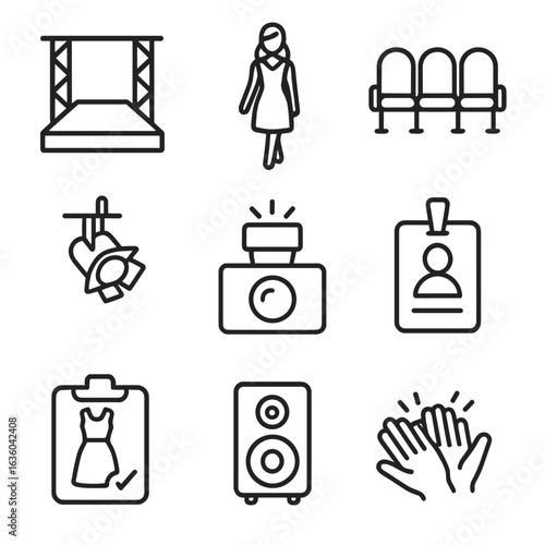 Runway Icon Set. Line style icons of Runway Fashion Show: catwalk stage, runway model, front row seat, overhead spotlight, camera