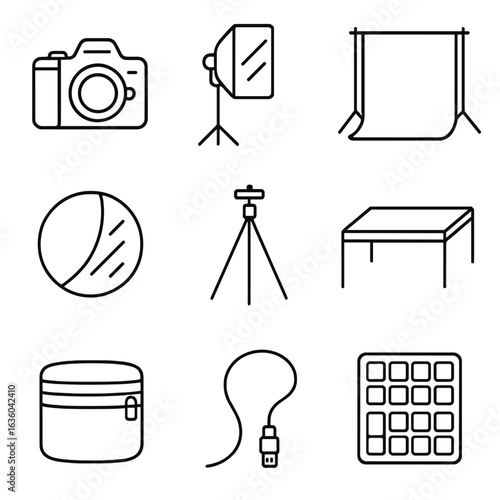 Fashion Photography Icons. Line style icons of Fashion Photography Setup: DSLR camera, softbox light, white backdrop, reflector