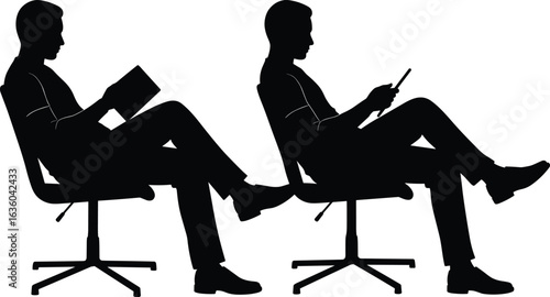 Silhouette of men sitting on office chairs, reading book, using tablet, business casual posture, digital device, modern lifestyle, workplace concept, corporate illustration, professional activity