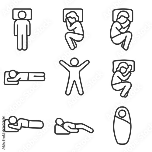 Sleep Posture Icons. Line style icons of Sleep Postures: back sleeping pose, side sleeping pose, fetal position sleeper, stomach