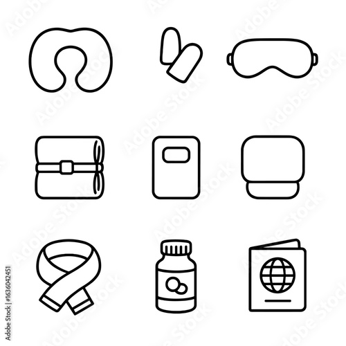 Travel Sleep Essentials. Line style icons of Travel Sleep Kit: inflatable neck pillow, foam earplugs, blackout eye mask, packable