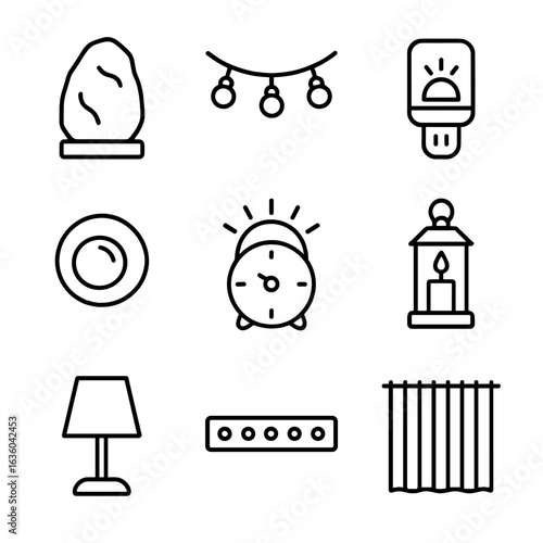 Calming Lighting Icons. Line style icons of Calming Bedroom Lighting: Himalayan salt lamp, string fairy lights, plug-in nightlight