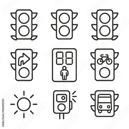 Traffic Signal Icons. Line style icons of Traffic Light Signals: red light, yellow light, green light, turn arrow light,