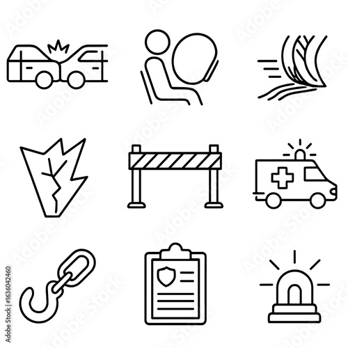 Traffic Accident Icons. Line style icons of Traffic Accident Scenes: fender bender, airbag deploy icon, skidding tire mark, broken