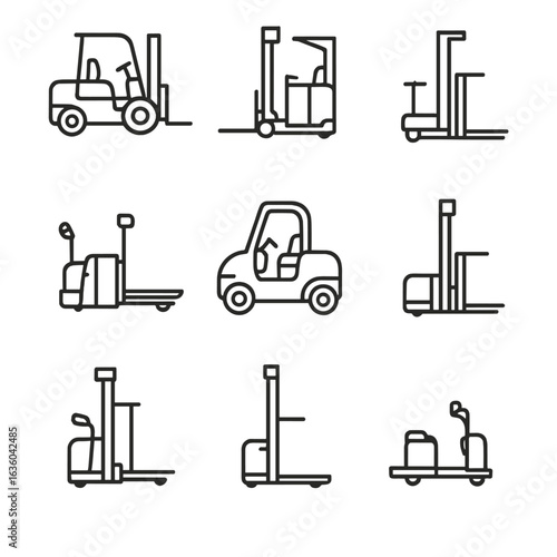 Material Handling Icons. Line style icons of Material Handling Vehicles: counterbalance forklift, reach truck, order picker,