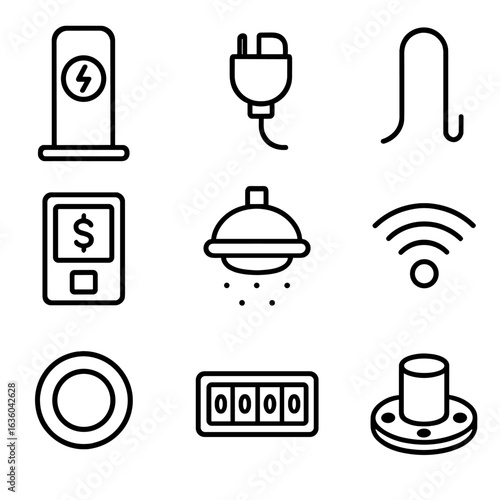 Electric Vehicle Line Icons. Line style icons of Charging & Light Poles EV: combo pole, charge plug, cable hook, payment screen,
