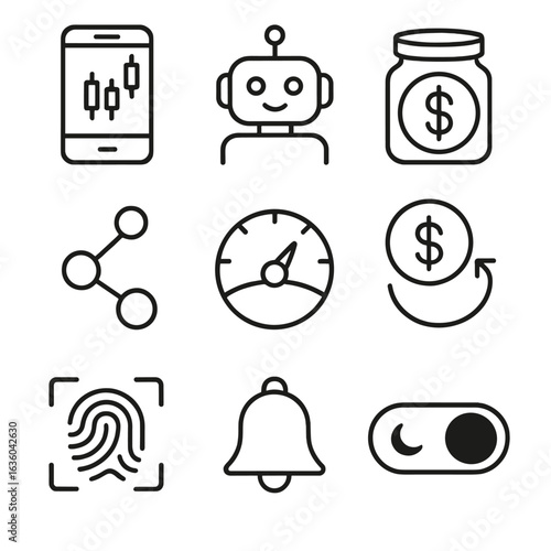 Fintech App Icons. Line style icons of Fintech Mobile Apps: smartphone chart, robo-advisor bot, micro-invest jar, peer-to-peer