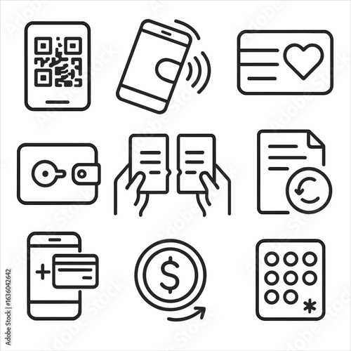 Digital Wallet Icons. Line style icons of Digital Wallet Features: QR pay code, NFC tap phone, loyalty card, crypto wallet key,
