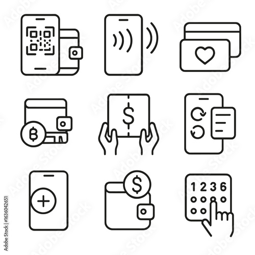 Digital Wallet Icons. Line style icons of Digital Wallet Features: QR pay code, NFC tap phone, loyalty card, crypto wallet key,
