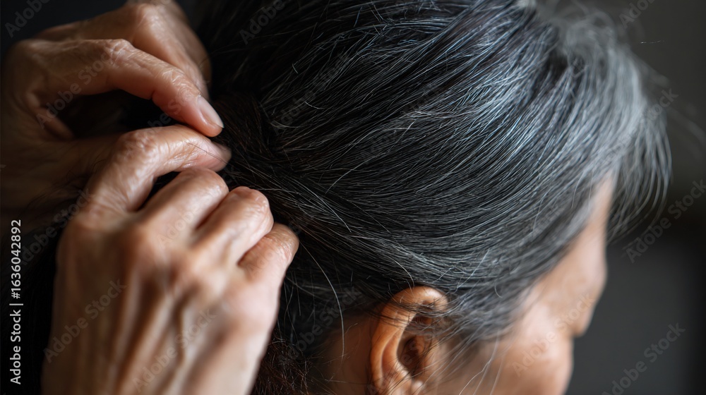 Fototapeta premium Woman's hands arranging gray hair, indoors close-up, lifestyle, self-care, beauty.