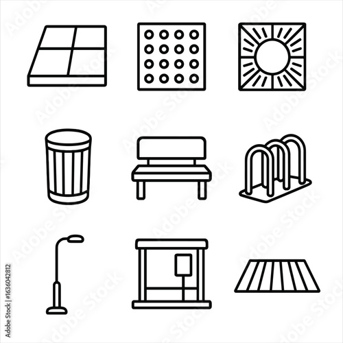 Urban Sidewalk Icon Design. Line style icons of Urban Sidewalk Paths: concrete slab, tactile paving, tree grate, trash bin, bench