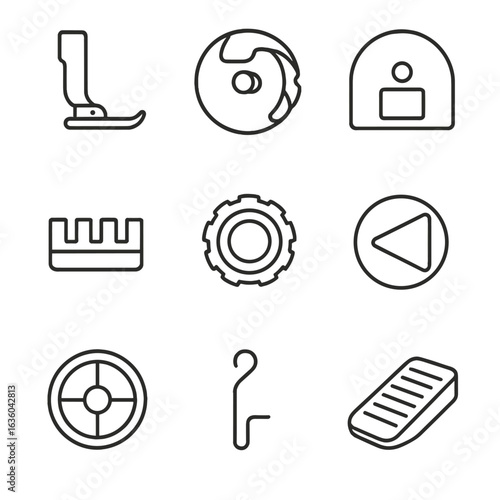 Sewing Machine Components. Line style icons of Sewing Machine Components: presser foot, bobbin case, needle plate, feed dogs,