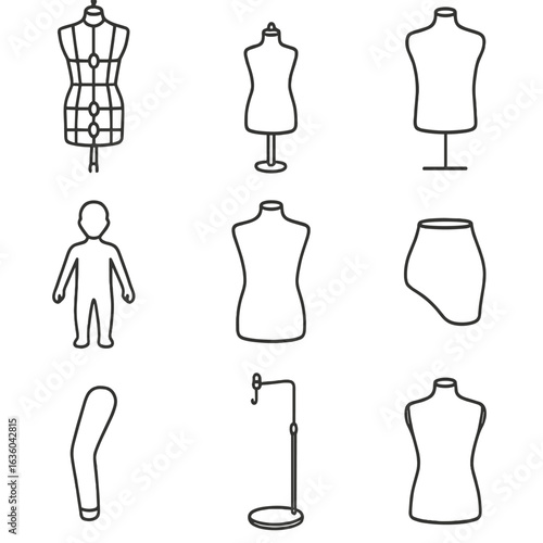 Dressmaking Forms Icons. Line style icons of Dressmaking Forms: adjustable dress form, half-scale form, male mannequin, child