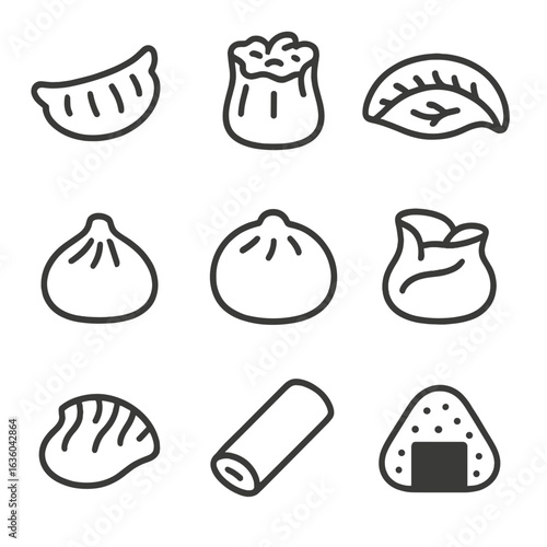 Line Icons Dumplings. Line style icons of Frozen Dumplings & Dim Sum: pork gyoza, shrimp shumai, vegetable potsticker, soup