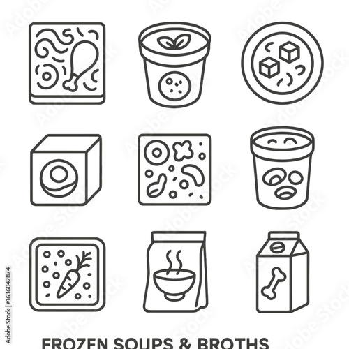 Frozen Soup Icons. Line style icons of Frozen Soups & Broths: chicken noodle block, tomato basil cup, miso soup puck, beef broth