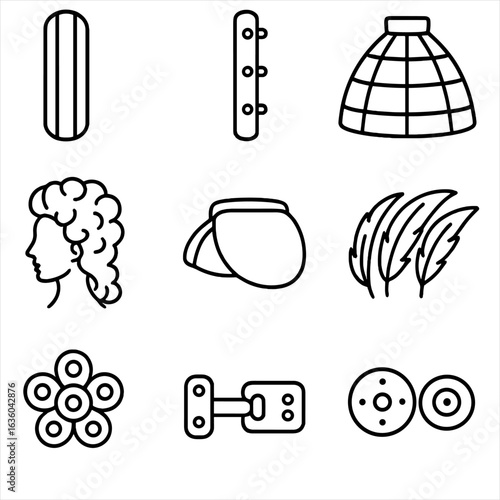 Costume Construction Icons. Line style icons of Costume Construction: boning channel, corset busk, crinoline hoop, theatrical wig,