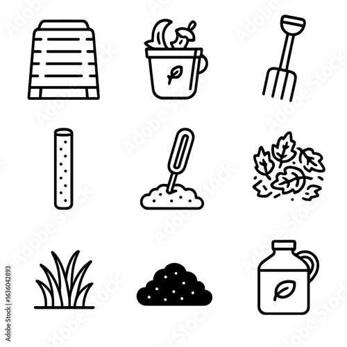 Backyard Composting Icons. Line style icons of Backyard Composting: compost bin, kitchen scrap pail, turning fork, aeration pipe,