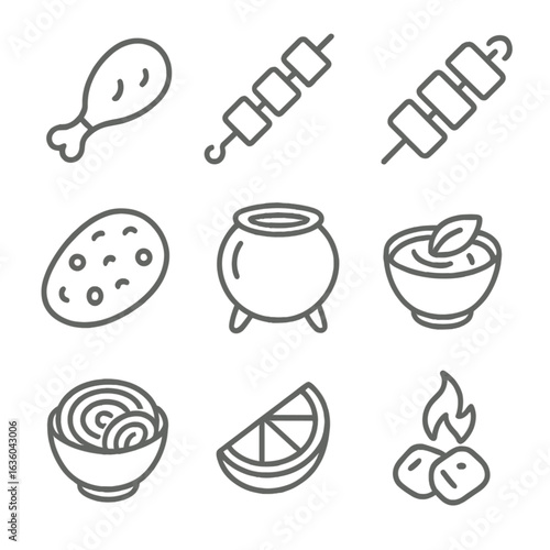 Tandoori Grill Icons. Line style icons of Indian Tandoori Grill: tandoori chicken leg, seekh kebab, paneer tikka skewer, naan
