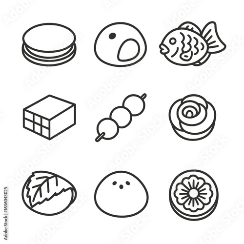 Wagashi Sweets Icons. Line style icons of Japanese Wagashi Sweets: dorayaki cake, daifuku mochi, taiyaki fish, yokan block, dango