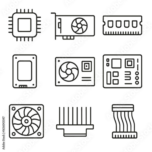 Computer Hardware Icons. Line style icons of Computer Hardware Components: CPU chip, GPU card, RAM module, SSD drive, power supply