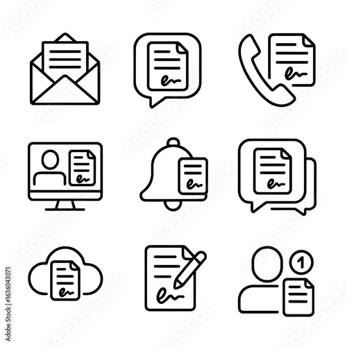 Legal Communication Icons. Line style icons of legal contract communication: email with document icon, chat bubble with page,