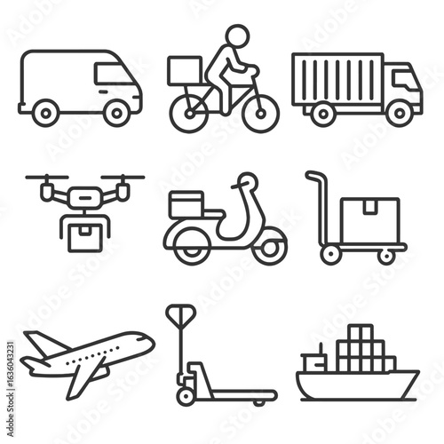 Transportation Logistics Icons. Line style icons of transportation logistics and delivery: delivery van, parcel bike, cargo