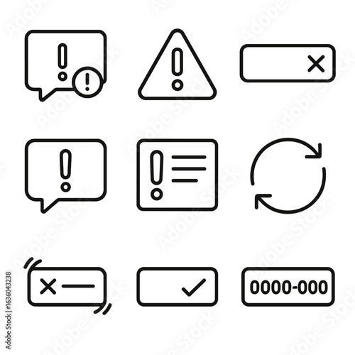 Error Handling Icons. Line style icons of error handling and validation UI: field error message, red warning icon, invalid input