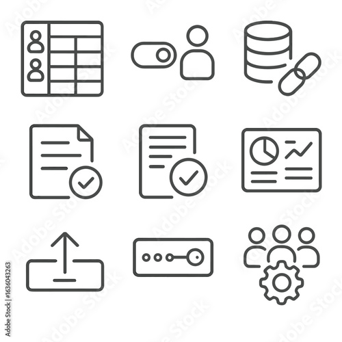 Admin Panel Icons. Line style icons of admin panel interface: user management table, permission toggle icon, database link icon,