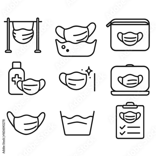 Mask Hygiene Icons. Line style icons of mask hygiene and storage: mask drying on rack, washing reusable mask, mask pouch icon,