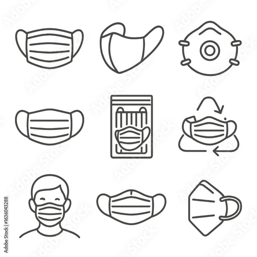 Mask Types Icons. Line style icons of face mask types and usage: surgical mask icon, cloth mask with straps, N95 respirator, face