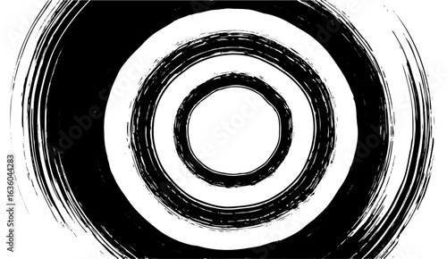 Stylized black and white concentric circles are layered with a grunge texture, evoking minimalist art with rough brushstrokes for a bold and dynamic visual impact