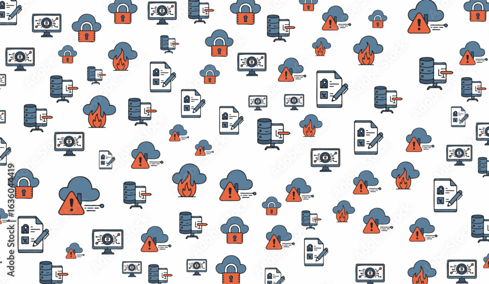 Fototapeta premium Seamless pattern featuring blue clouds, orange warning signs, and computer icons against a white background conveys digital security concerns with data protection and system alerts